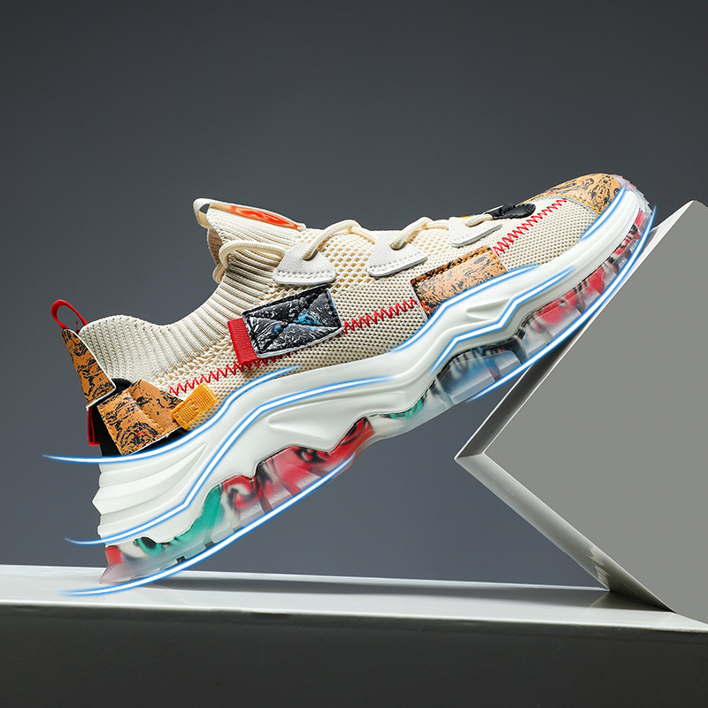 Cross-border large size national trend flying knitted thick-soled dad shoes casual fashionable sports men's shoes outdoor breathable mesh running shoes