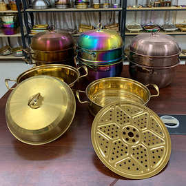 跨境货源不锈钢三层蒸锅家用蒸笼多层金色蒸煮汤锅双用锅可定LOGO