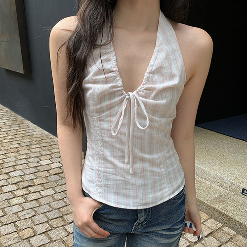 Women's French retro pure sex top, sexy summer backless lace sling vest, sweet and spicy seaside