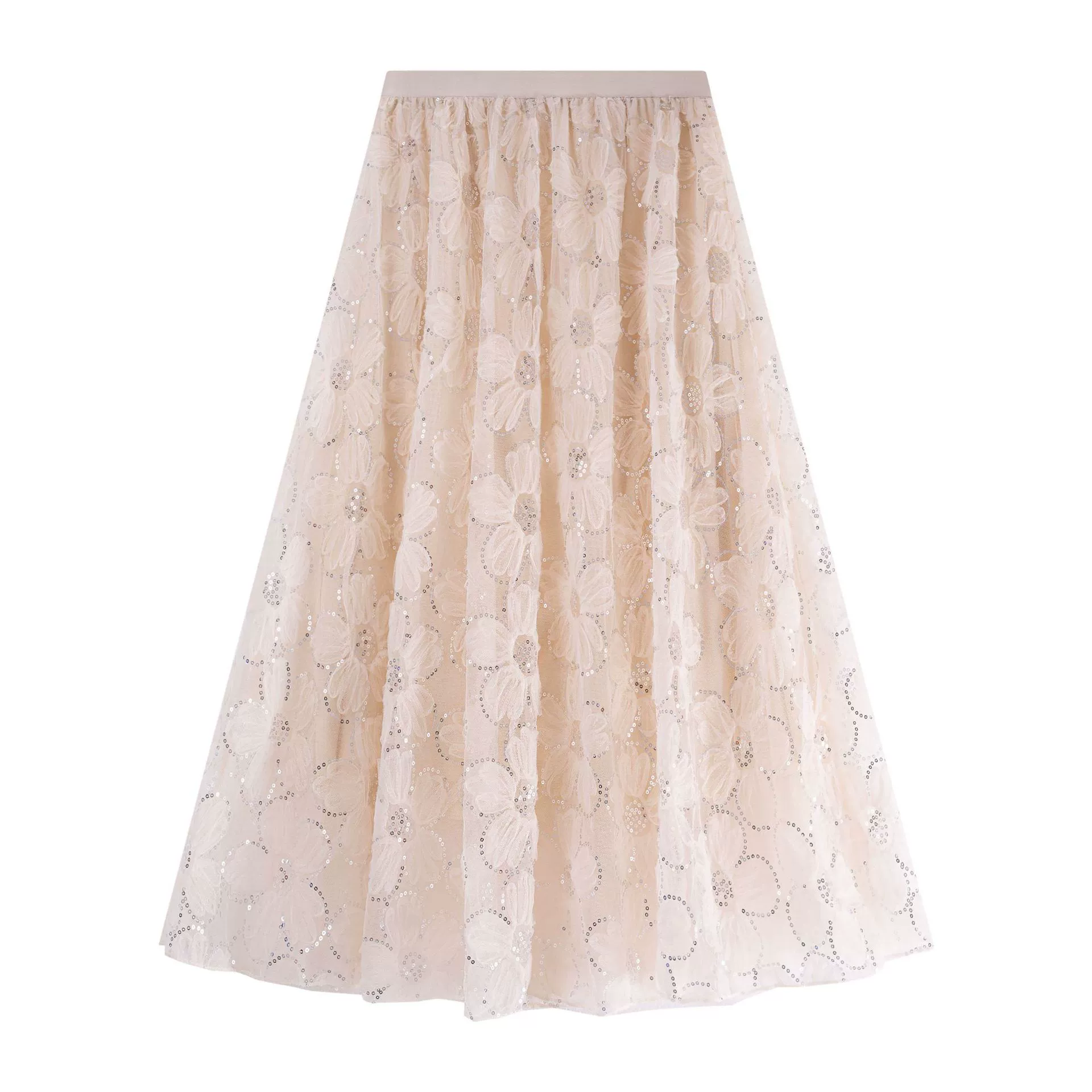 Юбка из сетки с пайетками, осень-зима 2025, новая французская милая кружевная цветочная сетчатая юбка средней длины с широким подолом для женщин