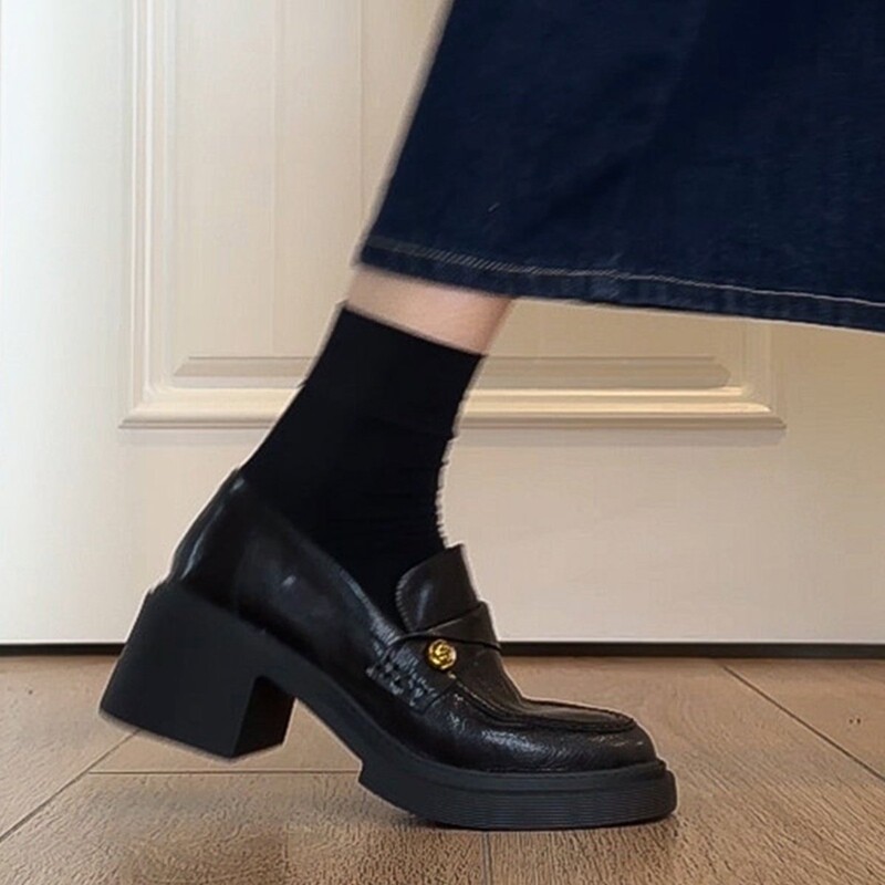 Cowhide Style~Genuine Leather Thick-Soled Loafers for Women, Spring and Autumn Slip-On Shoes, High-Heeled Single Shoes, Black British-Style Leather Shoes Cowhide Style~Genuine Leather Thick-Soled Loafers for Women, Spring and Autumn Slip-On Shoes, High-Heeled Single Shoes, Black British-Style Leather Shoes