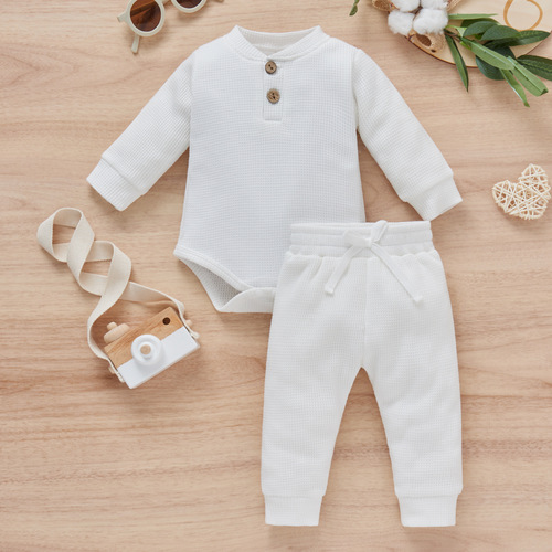 Basic spring and autumn suits for boys and girls, infants and young children, cotton waffle stand-up collar hoodie + trousers two-piece set foreign trade children's clothing