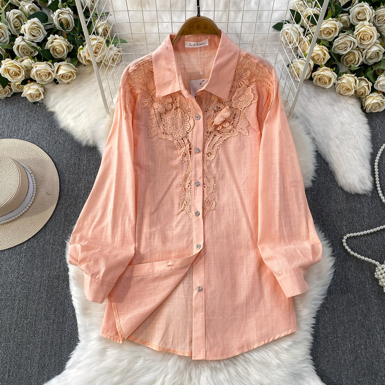 Women's Floral Collared Shirt Breathable Lace Top mid Length Cardigan Coat Casual Style Sun Protection Gentle Hollowed out for Spring And Autumn_ecoleips.com