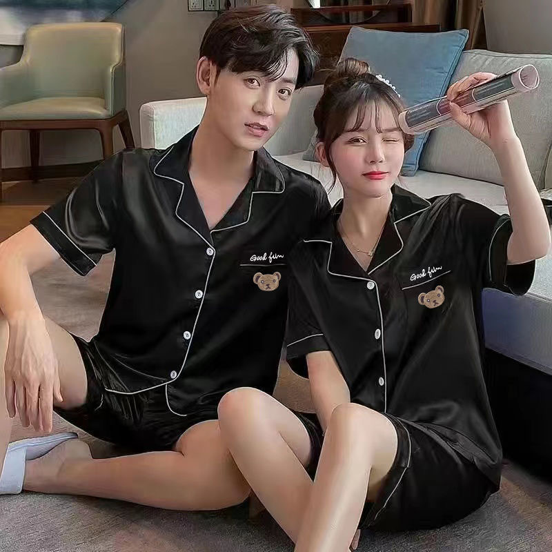 外贸夏季情侣男女冰丝睡衣短袖开衫纽扣薄款仿真丝家居服卡通套装
