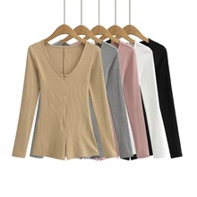 拉链连身裤2024v领运动欧美连体短裤外贸女装辣妹性感外穿长袖棉