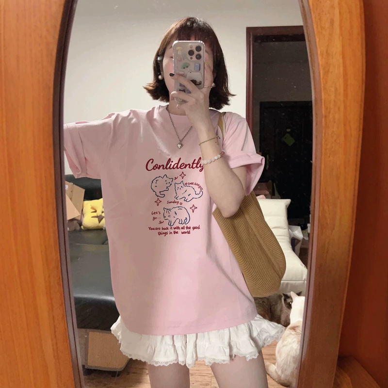 Plus-size pink short-sleeve T-shirt for women, summer simple cute versatile breathable pure cotton loose oversized top