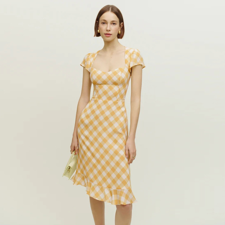 Spot 485# Summer New 2022 Printed Over-knee Square Collar Mid-length Slim Fit Dress French Retro Women's Wear