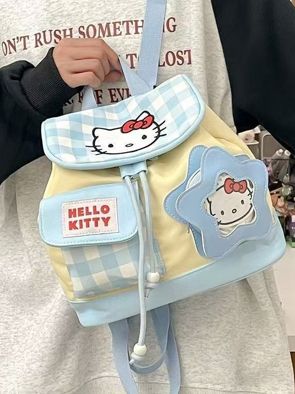 kt チェック柄ケイティ漫画カレッジかわいいスクールバッグ新しいミニバックパック巾着ハンドバッグバックパック十代の女の子|undefined