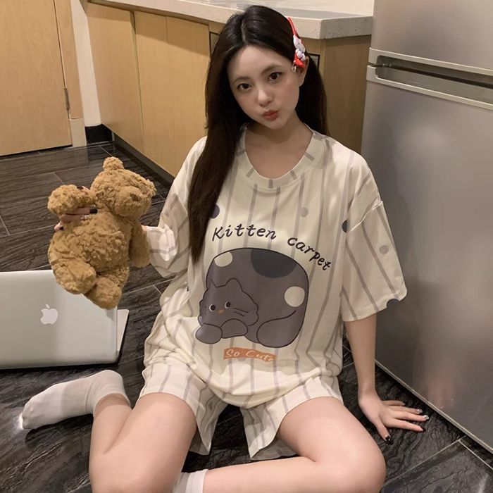 Venta al por mayor transfronteriza con almohadilla para el pecho pijamas de gato KT pantalones cortos de manga corta de verano para mujer, lindo traje de servicio a domicilio coreano, algodón de imitación