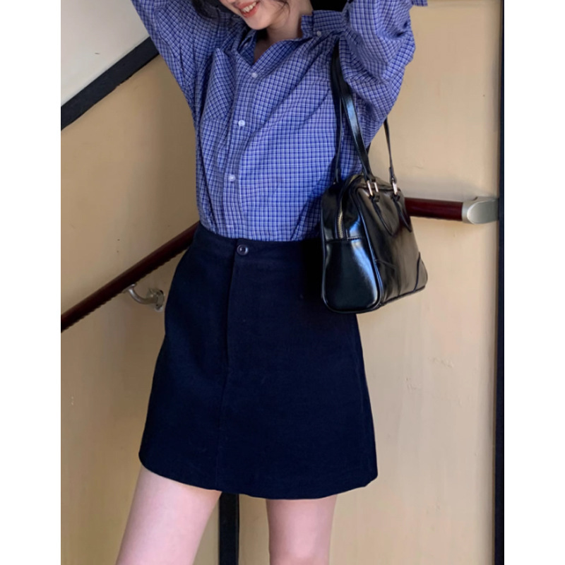 (2개) 미우 무이 셔츠 초가을 레트로 블루 체크 셔츠 여성용 느슨한 게으른 긴 소매 탑 2024 새로운