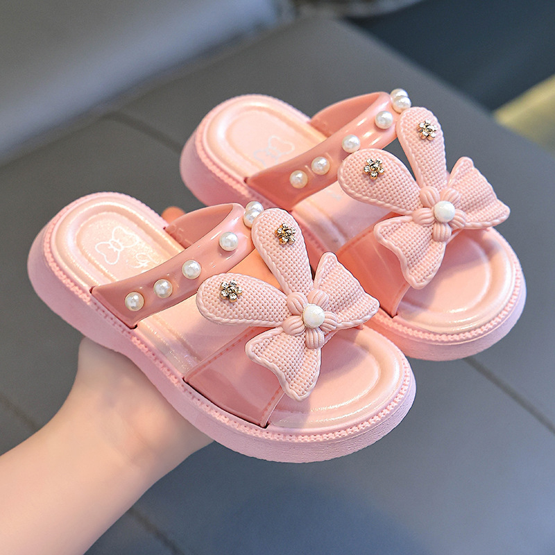 Zapatillas para niños verano Internet celebridad dibujos animados lindo antideslizante suave Fondo niños princesa arco perla cadena zapatillas