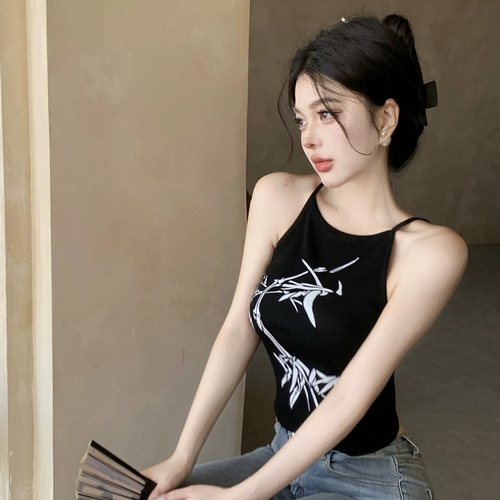 Retro print short suspender vest women's summer new tight-fitting and slimming inside with black hot girl outer top