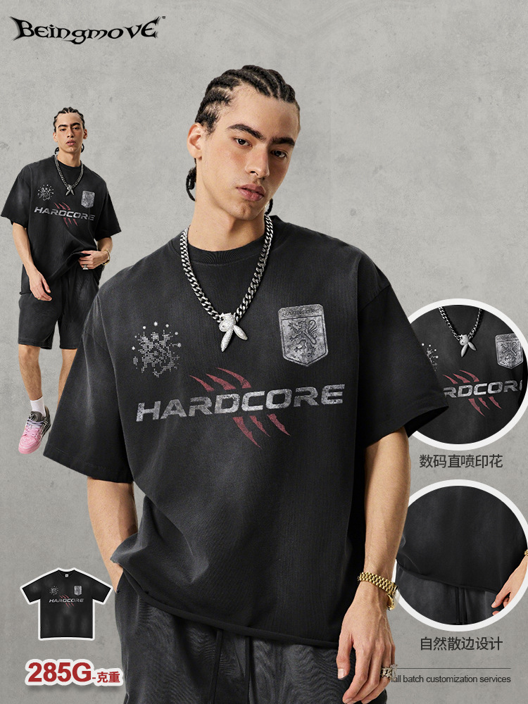Calle secada| Retro americano nostálgico pesado lavado con agua viejo camiseta de hombre de bordes sueltos pulverización de caballo impresión de mangas cortas para hombres