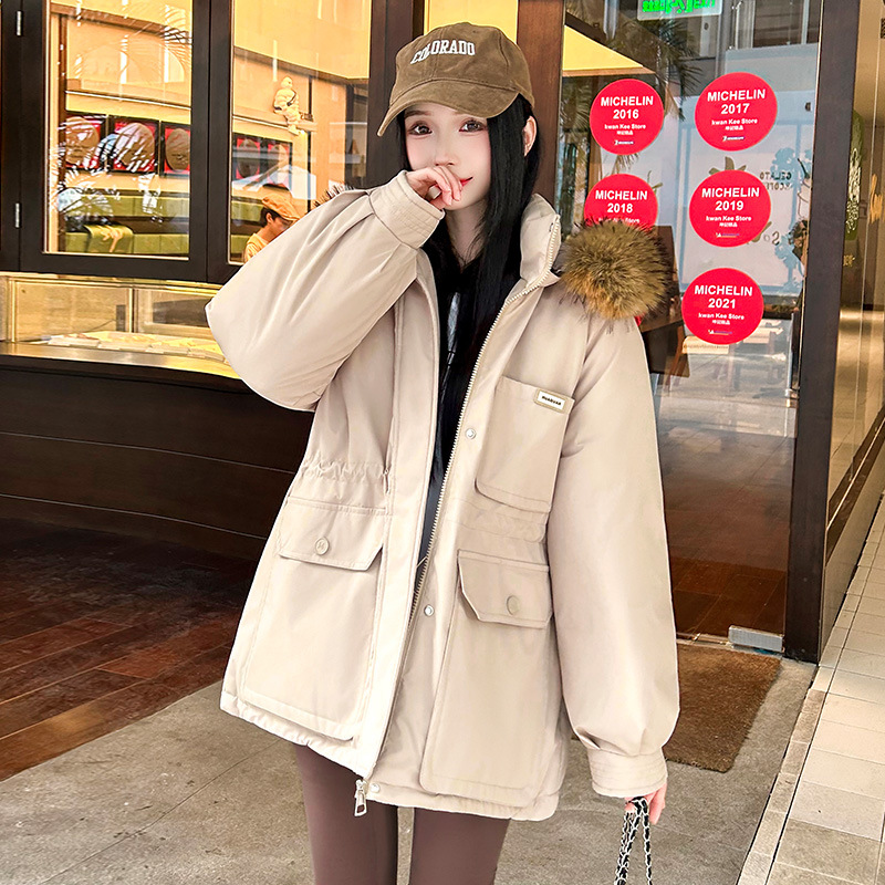 2025 nueva ropa de trabajo de algodón de invierno caliente chaqueta de algodón con capuzas a prueba de viento gran cuello de cabello suelto y grueso chaqueta de moda