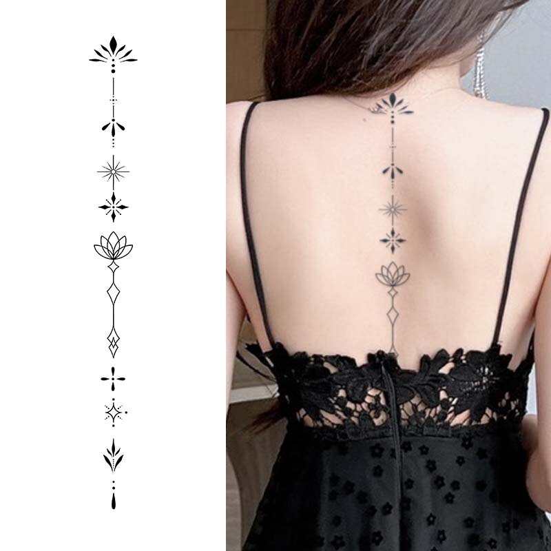 Cross-Border Artistic Line Spine Long Strip Tattoo Sticker with Lotus Geometric Elements, Niche High-End Temporary Tattoo~ Cross-Border Artistic Line Spine Long Strip Tattoo Sticker with Lotus Geometric Elements, Niche High-End Temporary Tattoo~