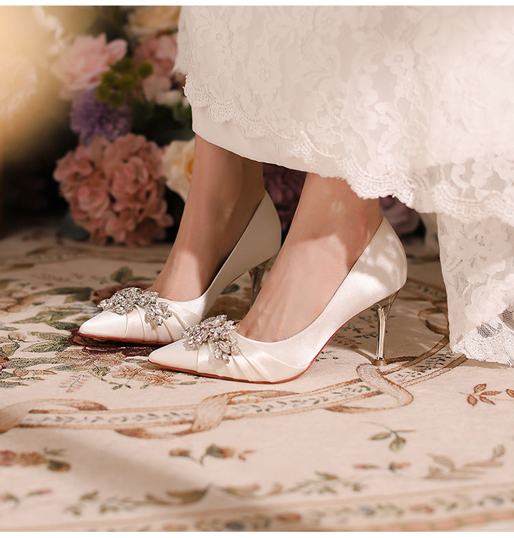 H-18 High Heels Wedding Banquet Women Elegant Stiletto Sexy Bridesmaid Pointed Toe Style White Large Size Single_vogvips.com