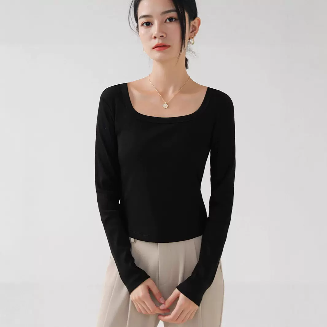抖音爆款打底衫百搭方领长袖T恤女秋季2025新款显瘦洋气修身上衣