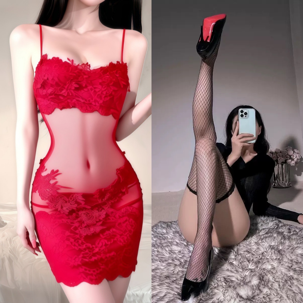 레드 + 블랙 망사 스타킹