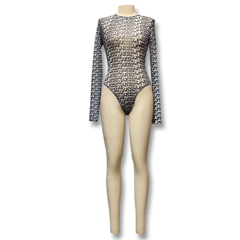 Transfronterizo europeo y americano 2024 nuevo estilo sexy de manga larga ajustado con letras de moda estampado malla transparente mono mujer