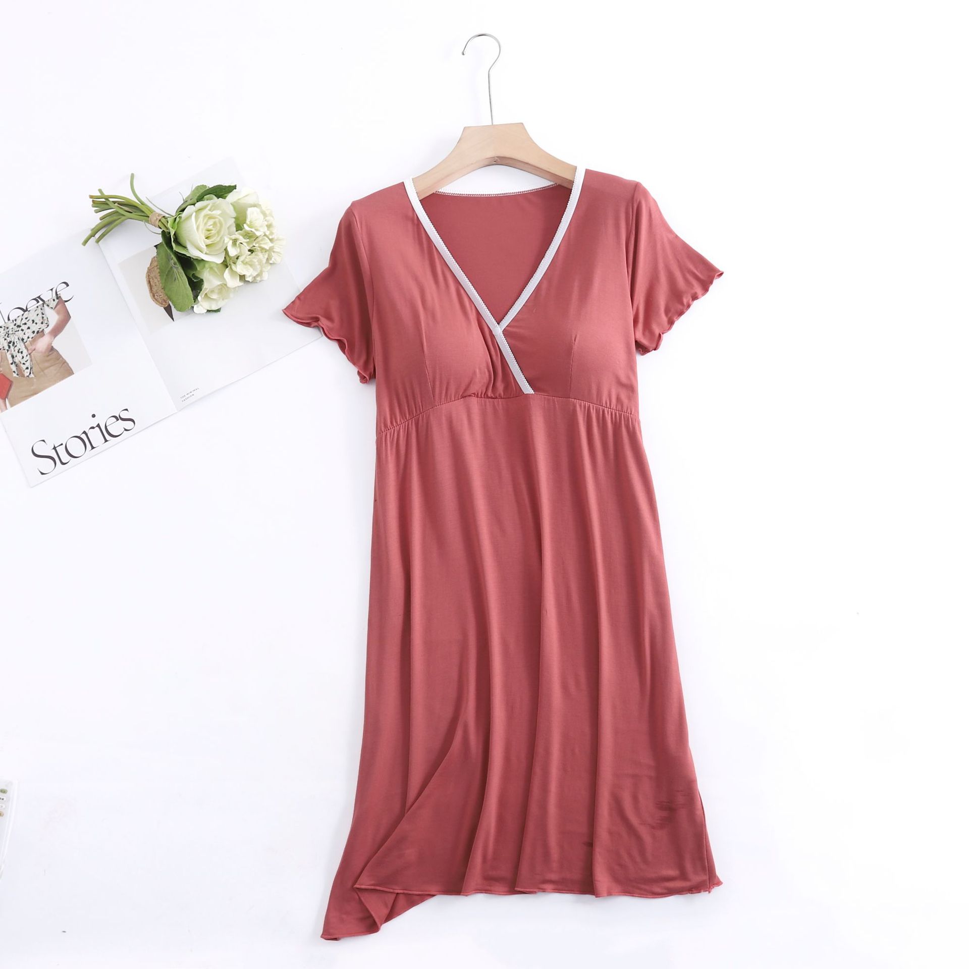 New Modale maternity dress, thin V-neck summer short-sleeve plus-size postpartum clothing maternity nursing dress home wear