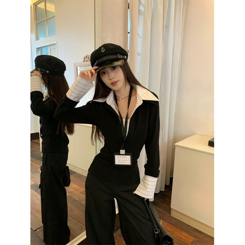 MR [original method] fake two-piece stitching lapel sweater women's winter design feeling waist slim fit Joker