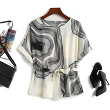 清风拂面!1秒入夏!复古抽象印花系带收腰短袖雪纺小衫T恤上衣女