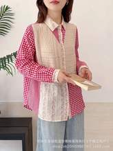 女款日系翻领格子拼接针织长袖衬衫上衣