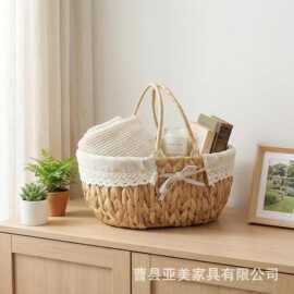 水葫芦草编织筐野餐露营用品手提篮家用玩具零食整理篮杂物收纳筐