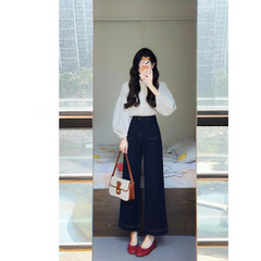 女性用ブルーデニムパンツ、夏の新しいハイウエストパンツ、女性用梨型痩身バゲットパンツ