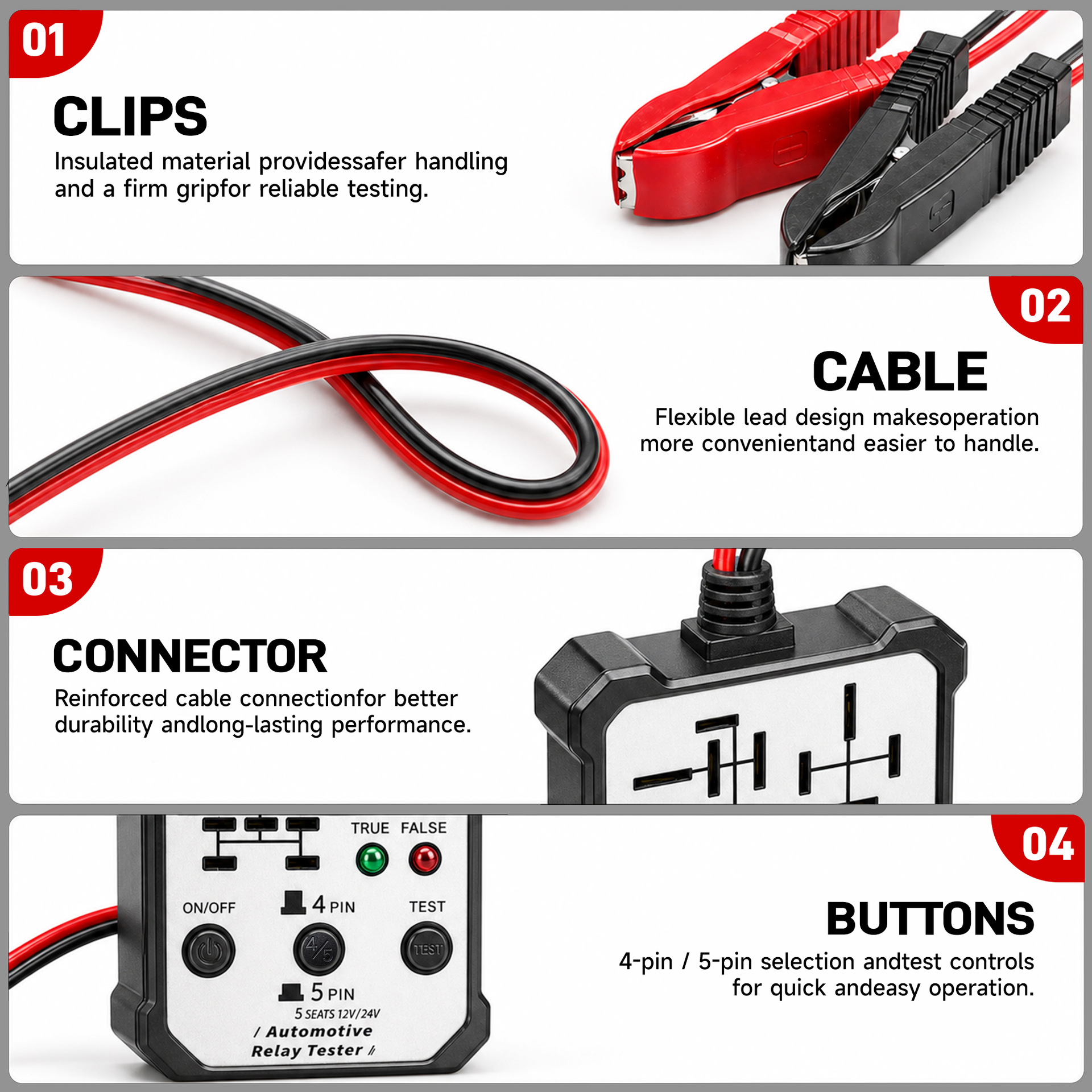 Relay Diagnostic Instrument Multi-Pin Relay Tester 5-Seat Five-Socket 12/24V Relay Detector