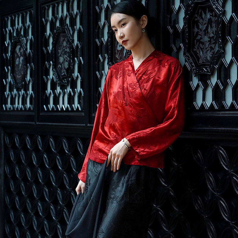 New Chinese Hanfu Women's Shirt Silk Mulberry Silk Long Sleeve Lace-up Chinese Style Top Zen Suit