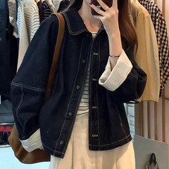 设计感条纹拼接袖口普洗蓝牛仔外套女2025春秋宽松小个子韩版上衣