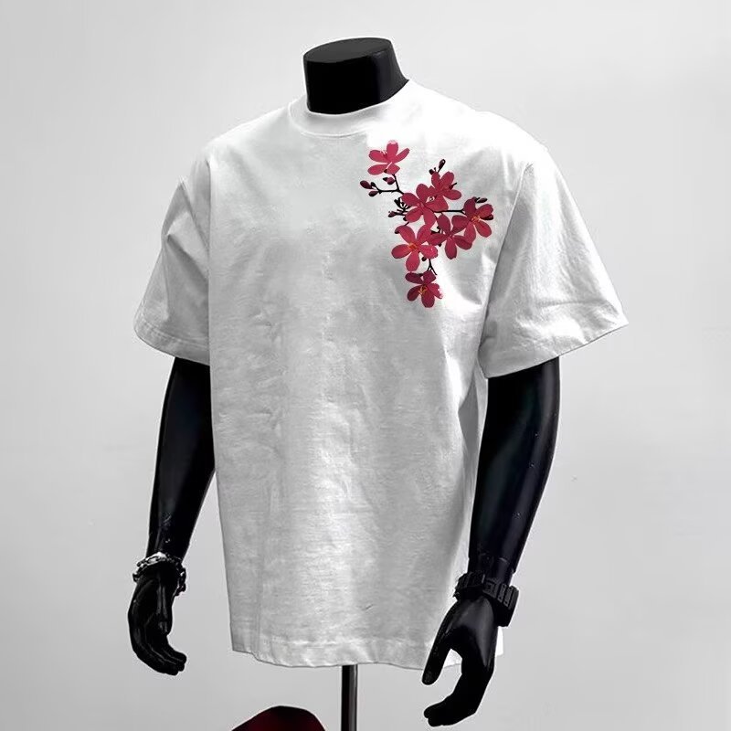 New Chinese style loose short-sleeved men's summer hot-street style plum blossom T-shirt, couple outfit top