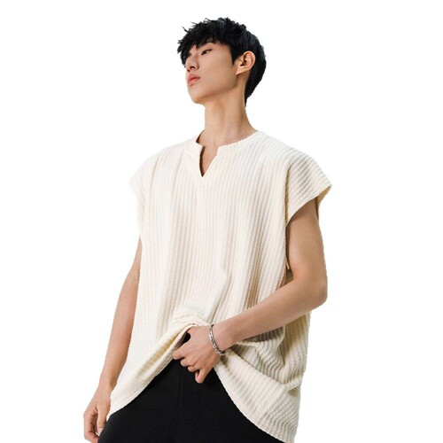 Texture V-neck Men's Summer 2025 Quick-dry Outerwear Sport Kimono Youth Wide Shoulder Sleeveless T-shirt