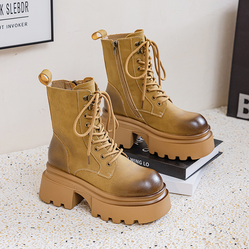 Thick-Soled Martin Boots for Women, New Autumn and Winter Fashion Versatile Color-Washed Boots, British Style Height-Increasing Chunky Heel Motorcycle Ankle Boots
