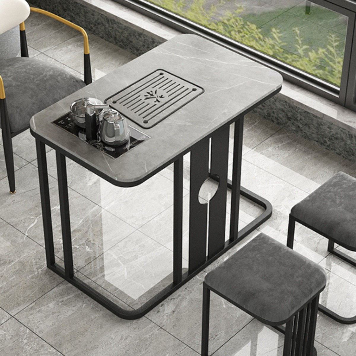 北欧岩板轻奢阳台小型家用泡茶桌现代简约茶水台桌椅组合茶几套装