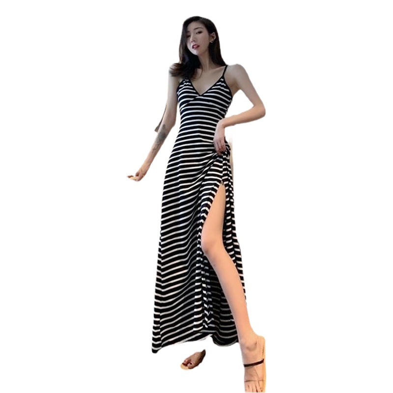 Nueva Correa pequeño vestido negro sexy suave V-cuello de fondo retro largo lado hendidura vestido negro mujeres