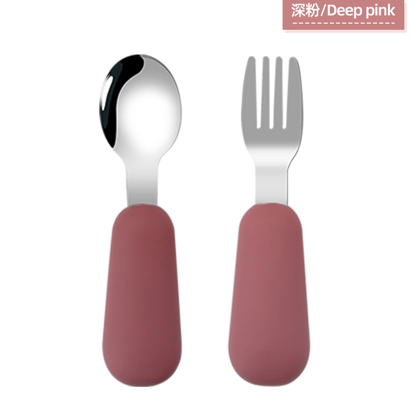 Cuchara de tenedor para niños traje de bebé tenedor cuchara mango corto 316 cuchara de tenedor de silicona de acero inoxidable cuchara de tenedor de suplemento alimenticio para bebés