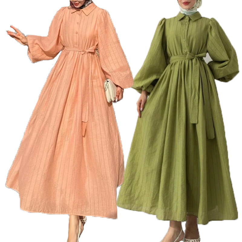 M4095 Simple Solid Color Lapel Button Design with Belt, Long Style, Gentle and Elegant Dress