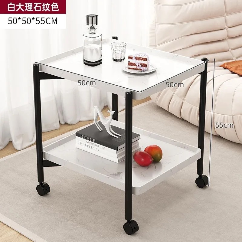 바퀴가 달린 2겹 사각 대리석 흰색 50*50*55