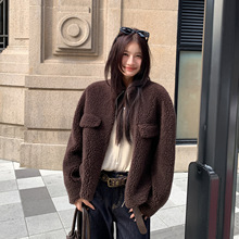 2025新款100羊毛颗粒羊羔毛皮草外套女短款立领皮毛一体大衣年轻