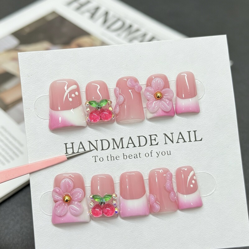 Cross-Border Hot-Selling Duckbill Cherry Pure Handmade European and American Style Wearable Nails Sweet Cool Carved Gradient French Style Finished Nail Stickers