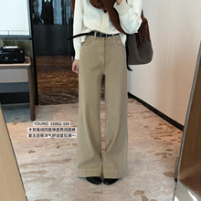 素心兰YOUMO 四面弹窄版植绒阔腿裤高腰牛仔裤女冬配腰带16862-12