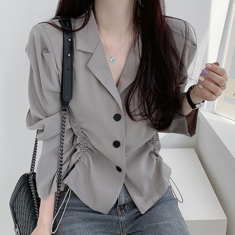 Korean Chic Autum Simple Elegant Lapel Three-Button Drawstring Waist Slimming Look Long-Sleeved Suit Jacket Top for Women