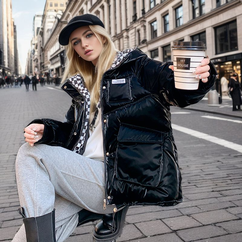 Women's Puffer Jacket Hooded Checkerboard Pattern Winter Coat_voghion.com