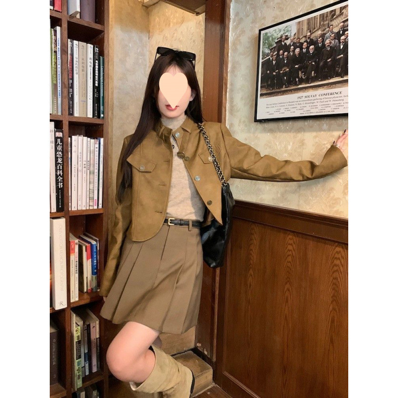 美拉德咖色复古皮衣春秋小个子美式夹克上衣外套百褶短裙两件套女|undefined