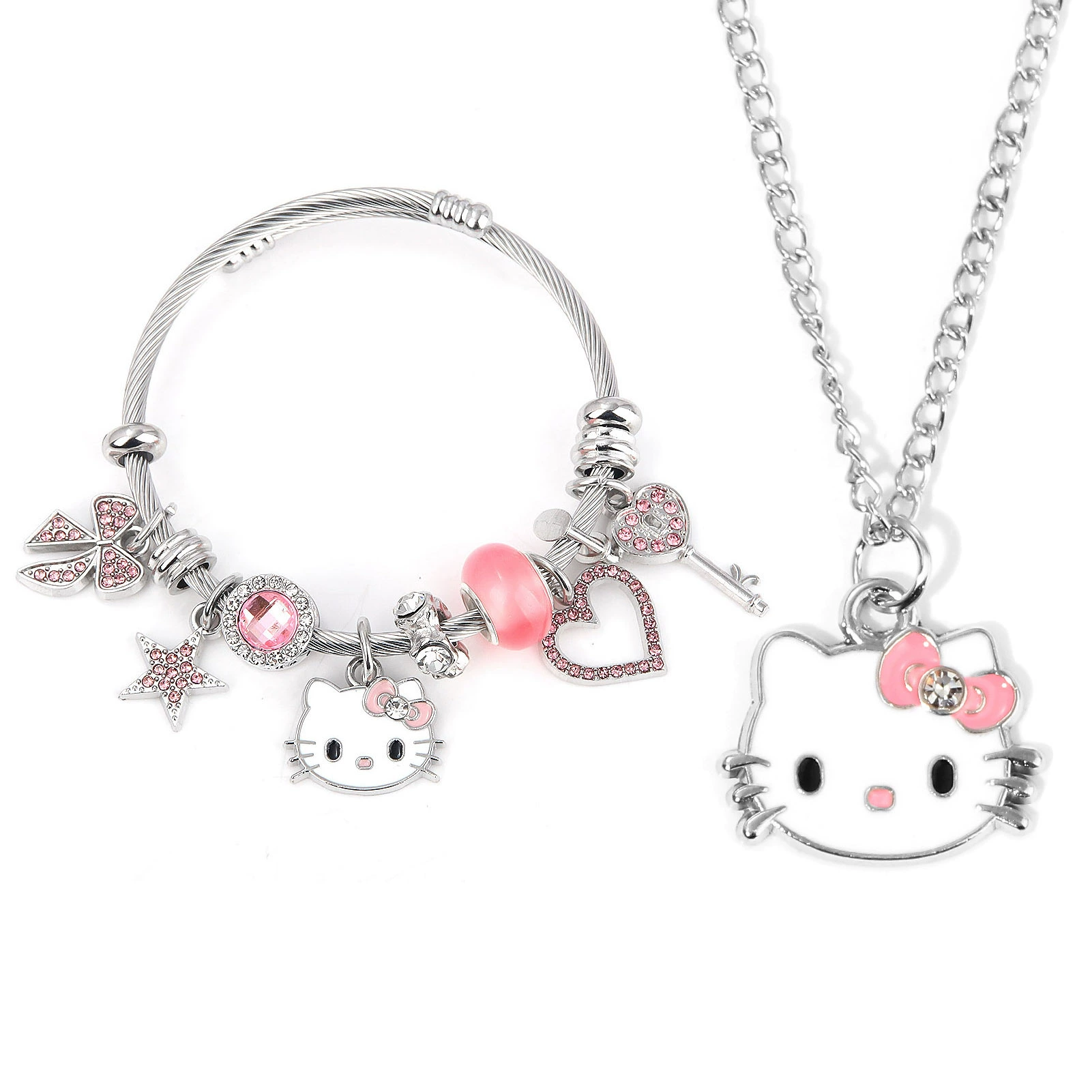 Набор браслета и брелока (Hello Kitty) с подвеской-бантиком, милые мультяшные подвески, assorted colors