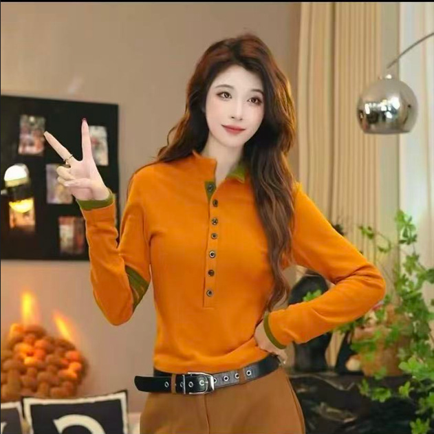 Fashion Color-Blocking Long-Sleeve T-Shirt for Women, 2025 Winter New Style, Slim Fit, Double-Sided Fleece, Thickened Base Layer, Slimming and Warm Top Fashion Color-Blocking Long-Sleeve T-Shirt for Women, 2025 Winter New Style, Slim Fit, Double-Sided Fleece, Thickened Base Layer, Slimming and Warm Top