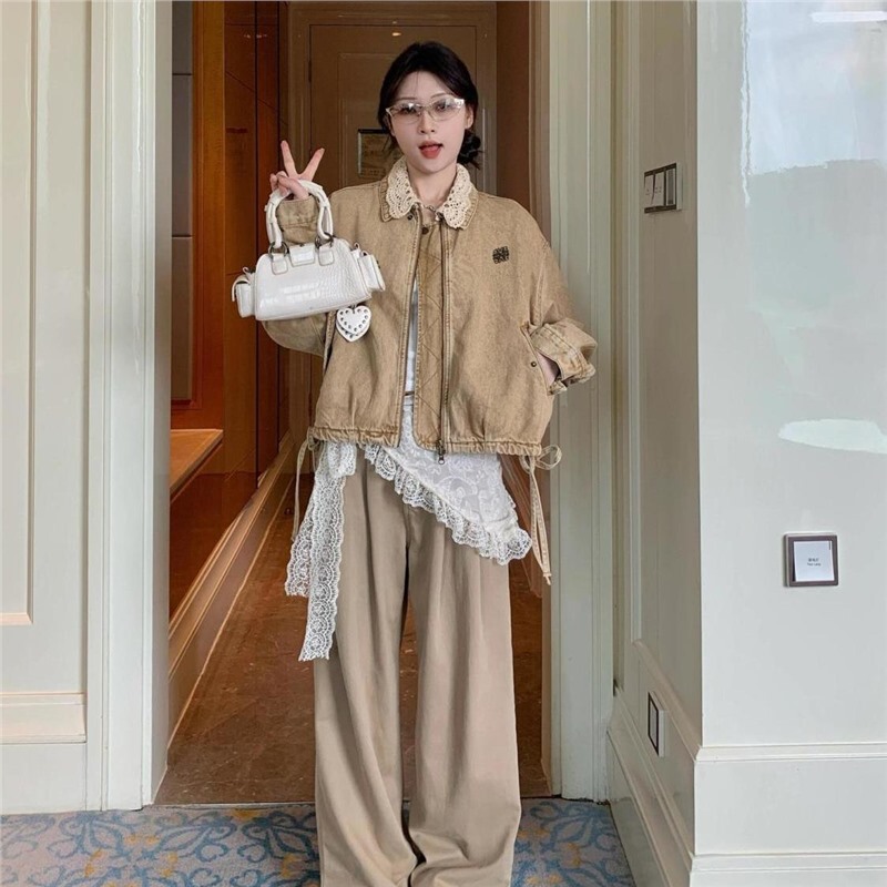 重工美式复古短款拼接牛仔外套女2025新款女款春超百搭夹克上衣潮|undefined