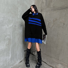 日系气质拼接撞色假两件针织连衣裙女秋冬新款宽松时尚慵懒中长裙